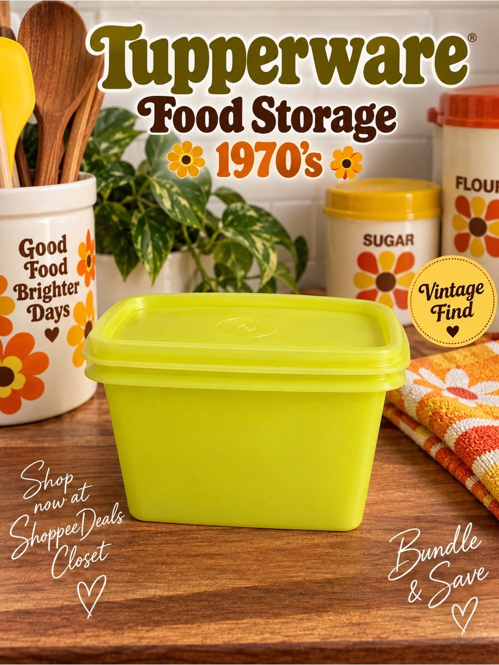 Vintage Tupperware Shelf Saver Yellow Green Storage Container w/ Lid 1243